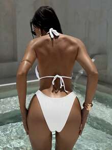 Swim SXY 2 bộ đồ bơi mùa hè dành cho nữ, màu trơn, kiểu buộc dây phía sau, chất liệu dệt kim. - trắng - Xem 2