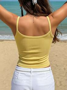 INAWLY 女士花卉刺绣罗纹吊带背心，度假风 - 黃色 - 查看 2