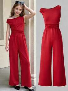 SHEIN Bộ áo liền quần màu đỏ lệch vai dành cho bé gái tuổi teen theo phong cách Âu Mỹ, thiết kế cổ áo lệch vai thanh lịch, quần ống rộng cạp cao, phù hợp cho đám cưới mùa hè, tiệc sinh nhật, lễ tốt nghiệp, các dịp trang trọng, áo liền quần ôm sát dành cho bé gái từ 8-16 tuổi. - Đỏ - Xem 2