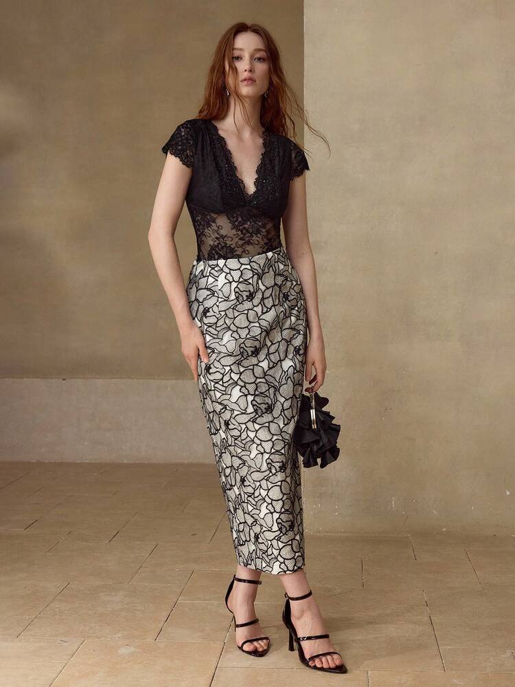 FLORAL EMBROIDERY SPLIT HEM SKIRT, SPRING/SUMMER