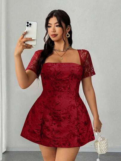 SHEIN Elenzya Đầm chữ A phối ren jacquard gợi cảm dành cho nữ cỡ lớn, thích hợp cho kỳ nghỉ lãng mạn, tiệc tùng và các buổi gặp gỡ.