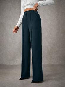 EURMUSE Women's Solid Pleated Seam Detailed Suit Pants - Dark Green - View 6