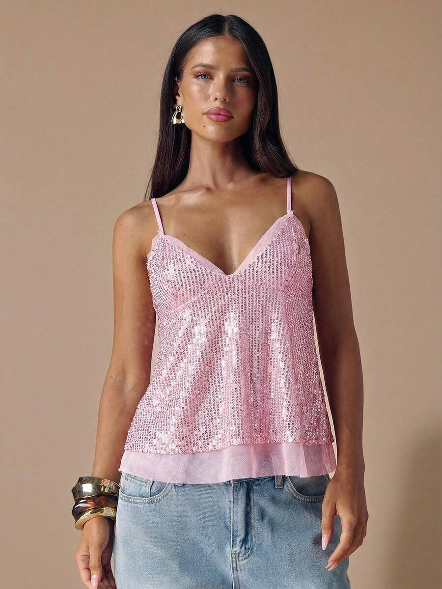 SHEIN BAE Autumn/Winter Solid Color Sexy Deep V-Neck Deep Brown Sequin Strap Women's Top, Sequin Women's Camisole, Autumn/Winter Undershirt, Party Cocktail Occasion - Baby Pink - View 1