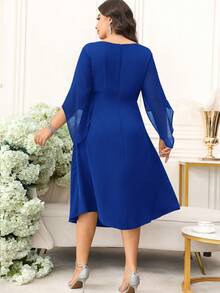 Reflora Vestido de línea A con cintura ceñida, mangas con volantes y unicolor elegante para mujer de talla grande - azul real - Ver 9