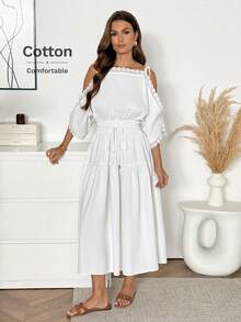 Easowa Đầm midi dáng chữ A trễ vai, khoét lỗ, xếp ly, phối bèo nhún, thắt eo, dây rút, kiểu dáng rộng rãi, thanh lịch, phù hợp cho công sở và đi nghỉ mát, mùa xuân/hè. - trắng - Xem 6