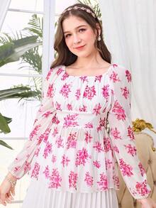 SHEIN 1pc Ditsy Floral Loose Collar Long Sleeve A-Line Hem Casual Blouse For Teenage Girls, Spring/Summer - Pink - View 5