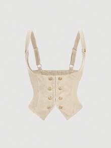 SHEIN MOD Plus Size Retro Corduroy Camisole Double-Breasted Bra Top & Wide Leg Pants 2 Pieces Set - Beige - View 9