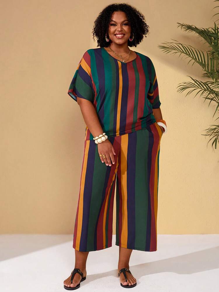 Conjunto Casual de Verão com Top Listrada Colorida Solta e Calça com Bolsos para Mulheres Plus Size, Primavera/Verão