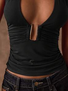 SHEIN BAE Women's Solid Color Halter Neck Sleeveless Backless Fitted Camisole - Black - View 7