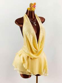 Amplova Vestido con cuello drapeado exagerado, lazo de cinta y drapeado fruncido - amarillo ganso - Ver 3