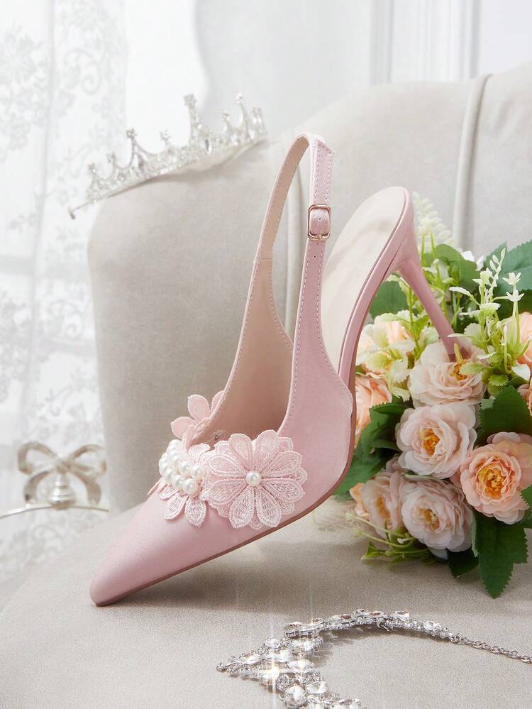 CUCCOO HITCHD Women Shoes Pointed Stiletto Pink Faux Pearl Lace Flower Slingback Women's High Heel Shoes Wedding Dinner Party Women's Shoes Slingback Shoes Wedding Shoes Summer Shoes Bride Shoes