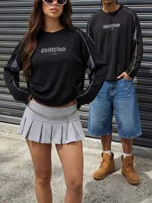 AXEPEAK 男士休闲印花圆领长袖T恤 - 黑色 - 查看 1