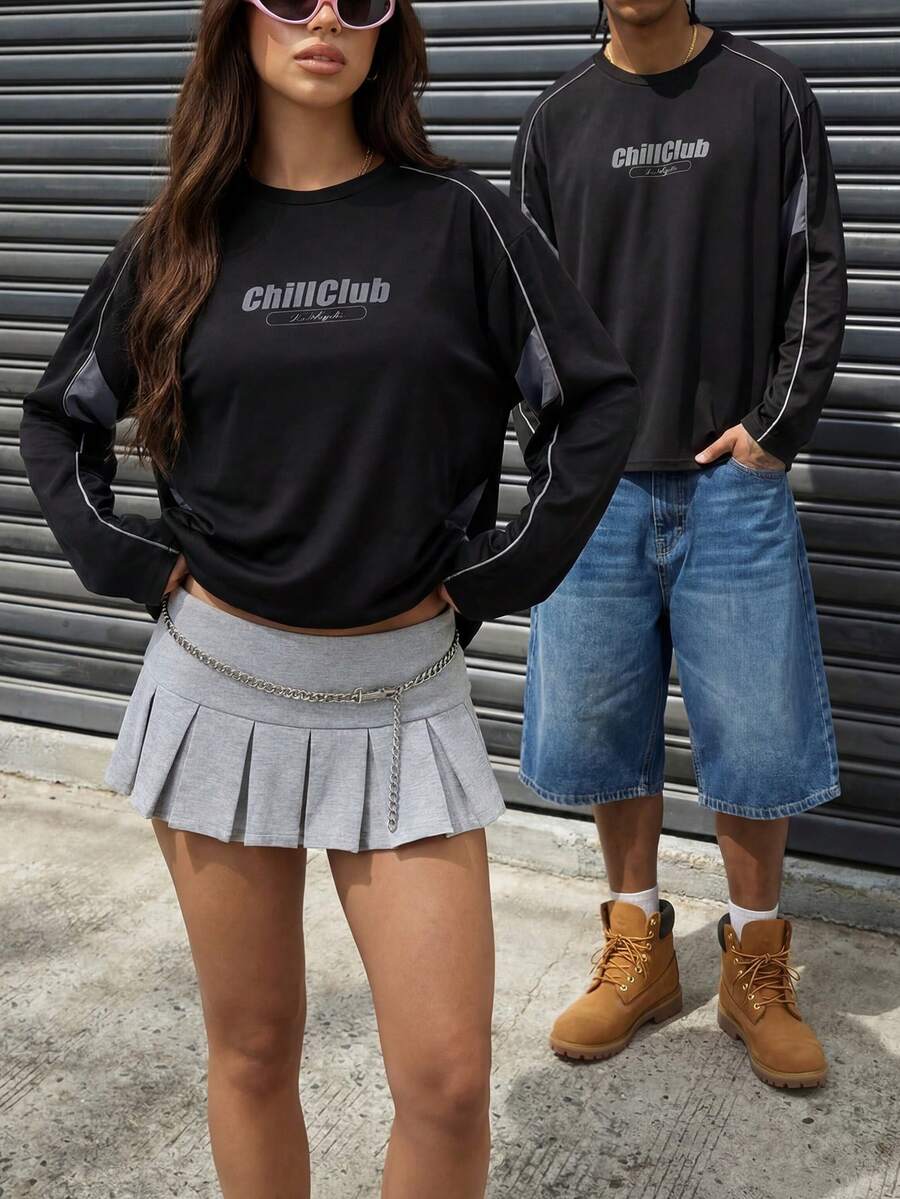 AXEPEAK 男士休闲印花圆领长袖T恤 - 黑色 - 查看 1