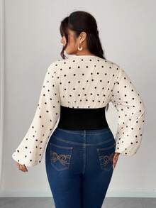 Elenzga Große Größen Damen sexy anliegende V-Ausschnitt Polka Punkt Muster Langarm Bluse - Aprikosenfarben - Übersicht 6