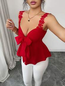 Rafferiza 女士优雅法式性感度假风蕾丝打结荷叶边宽肩带上衣，夏季 - 紅色 - 查看 6