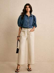 Poéselle 女士休闲通勤斜纹直筒牛仔裤 - 白色 - 查看 6