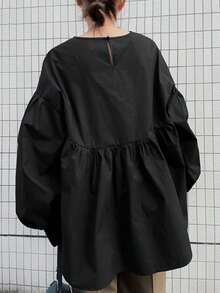 FRIFUL Women's Solid Black Round Neck Drop Shoulder Loose Casual Patchwork Blouse, Versatile Spring Outfit - Black - View 4