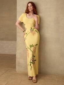 MOTF PREMIUM ELEGANT FITTED FLORAL PRINT KNIT DRESS, SPRING/SUMMER - Multicolor - View 1