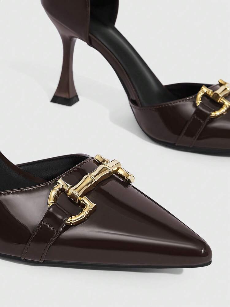 CUCCOO SZL Women's High Heels Brown Pointed Toe Back Top Buckle Adjustable 9CM Women's Elegant Stiletto Mirror PU Material Metal Bamboo Buckle Decoration Brown High Heels Fashionable Versatile Suitable For Daily/Party/Christmas Valentine's Day Dating/Commuting/Formal Women's Shoes