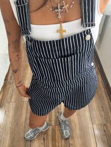 StreetHx Fashionable Casual Street Style Striped Denim Bib Overall Jumpsuit - Medium Wash - View 6