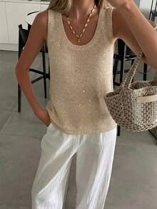 EMERY ROSE 女士时尚休闲香槟金V领亮片针织毛衣背心 - 香檳色 - 查看 1