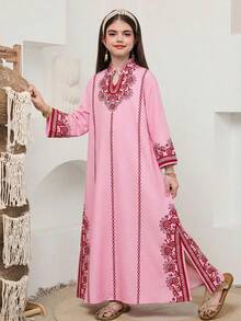 SHEIN Robe à encolure échancrée avec imprimé floral et ourlet fendu pour jeune fille - Rose bonbon - Voir 5