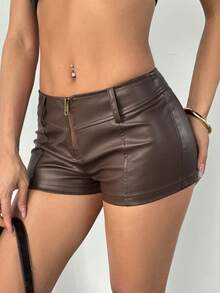 SHEIN PETITE Quần short nữ màu trơn, khóa kéo phía trước, kiểu dáng thường ngày, quần short siêu ngắn màu nâu, quần short da cho nữ, quần short da màu nâu gợi cảm cho nữ. - màu nâu - Xem 7
