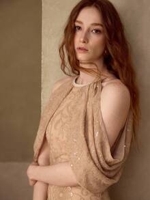 MOTF PREMIUM LACE OVERLAY CONTRAST SEQUINS RUCHED COLD SHOULDER SLIM FIT DRESS - Khaki - View 4