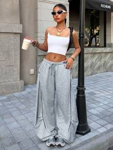 Muchica 女士休闲日常通勤时尚街头运动抽绳腰带撞色滚边宽松阔腿运动裤 - 灰色 - 查看 6