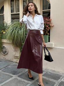 SHEIN PETITE CURVE Plus Size Petite Women's Elegant Burgundy PU Fabric Skirt,Elastic Waist A-Line Design For Autumn Everyday Concerts Parties Wedding Guests Birthdays - Burgundy - View 6