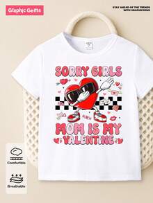 SHEIN Explorewe Toddler Boys Casual Stylish Creative Checkerboard Heart Graphic Slogan Print Short Sleeve T-Shirt - White - View 7