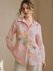 Anewsta Women's New Spring/Summer Long Sleeve Pink Embroidered Rhinestone Butterfly Elegant Luxurious Blouse, Refined Shirt - Pink - View 1