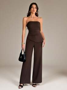 SHEIN Tall Women's Casual Sleeveless Top And Pants Suit Set, Summer In Fall/Winter Brown Two Piece Set Strapless Jumpsuit Brown Jumpsuit Dark Brown Top Chocolate Brown Top Brown Strapless Top Strapless Top And Pants Set Dark Brown Two Piece Set Chocolate Brown Outfit Wide Leg Brown Pants - Brown - View 6