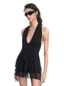 Airlisse Women Black Summer Deep V-Neck Halter Mesh Patchwork Mini Jumpsuit Dress,Techno Rave Birthday Party,High Stretch Metal Buckle Tie Back Ruffle Hem Y2K - Black - View 4