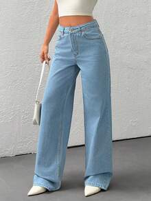 EURMUSE Jeans de tiro alto y pierna ancha para mujer - Denim azul clásico, ajuste recto minimalista, estilo casual de uso diario - Azul lavado medio - Ver 4