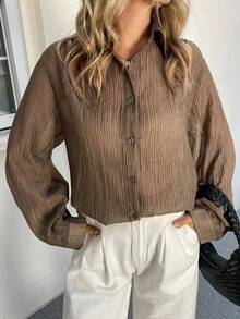 Vivie Lora Camisa de protección solar con textura plisada y transparente para mujer - Marrón - Ver 2