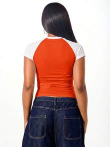SUMWON WOMEN Women's Contrast Raglan Sleeve Tee With Front Graphic Print Short Sleeve Fitted Crop Top Orange White Colorblock Summer Casual Shirt - Red - View 2