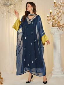 Layrah Women's Elegant Pearl Embroidered Floral Patchwork Contrast Color Luxurious Dress - Royal Blue - View 5