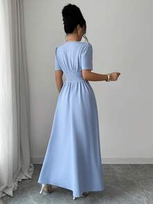 Elenzga Vestido de mujer de unicolor con cuello cuadrado, copa de busto falsa con forma, cinturón de cintura vintage, manga abullonada, longitud hasta la rodilla, elegante y sofisticado, estilo retro romántico minimalista francés, adecuado para oficina, viajes, negocios, casual, playa, citas, nueva llegada de primavera/verano - Azul - Ver 2