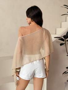 SHEIN Tall 女士宽松不对称下摆亮片透视露肩派对上衣，性感上衣，秋冬季感恩节和新年装扮 - 金色 - 查看 2