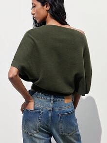 Maija Women's Solid Color Batwing Sleeve Loose Casual Knit Top, Summer Outfits, Summer Clothes , Summer Modern City Outfits, Summer Tops, Valentine Outfits For Women , Carnival Costume, Beach Outfits For Women, Birthday, Going Out Top, Going Out Tops, Elegant Women's Blouses, Modern City, Vacation Outfits For Women, Grey Top, Asymmetrical Design, With Belt - Army Green - View 3