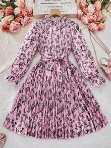 少女系带连衣裙，荷叶边下摆和腰带装饰，适合假日、夏季和旅行 - 彩色 - 查看 6