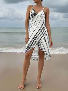 Breezaya 细肩带满布花卉印花和服罩衫，休闲与假日夏季 - 黑與白 - 查看 3