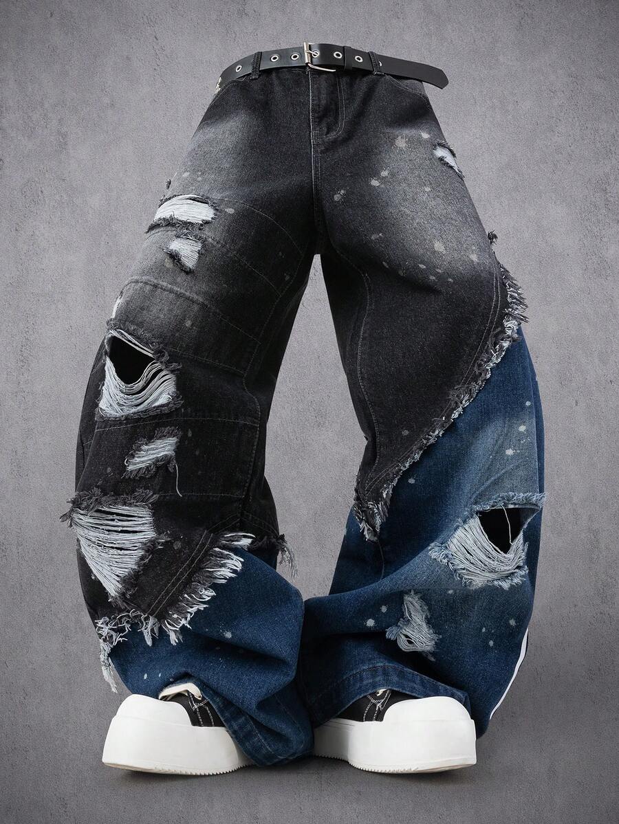 Manfinity Denimwave Retro American Style Distressed Waistband Denim Wide Leg Pants, Unisex - Multicolor - View 1