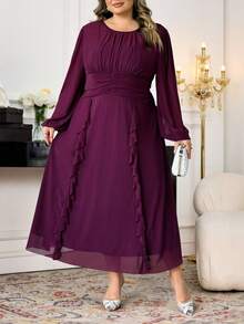 SHEIN CURVE+ Đầm dài tay màu trơn cỡ lớn thanh lịch, đơn giản và thời trang, mặc thường ngày, đầm dài màu tím/2026/Năm mới - Màu tím - Xem 4