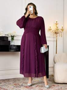 SHEIN CURVE+ Đầm dài tay màu trơn cỡ lớn thanh lịch, đơn giản và thời trang, mặc thường ngày, đầm dài màu tím/2026/Năm mới - Màu tím - Xem 6