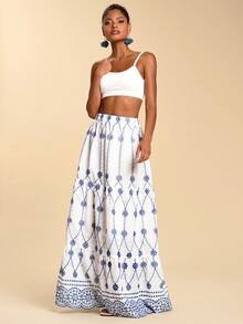 Travachic Women's Blue And White Boho A Line Long Skirt With Ruffle Hem Geometric Pattern Woven Fabric - Blue and White - View 5