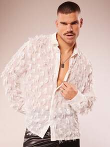 FeverCity Men's Solid Color Fringe Long Sleeve Single-Breasted Shirt - White - View 3