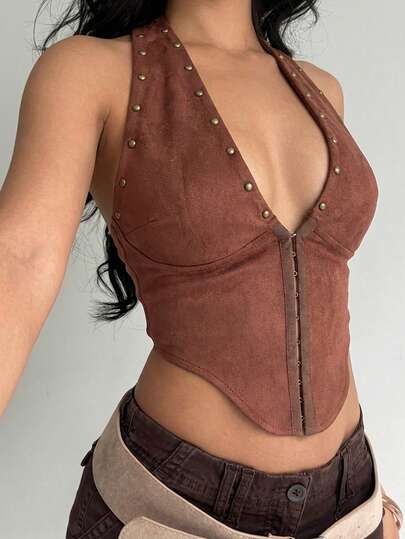 Aloruh Damen sexy tiefer V-Ausschnitt Wildleder Nieten Dekor Trägertop, braunes bohemian Urlaubs elegantes Y2K Kamel Trägertop