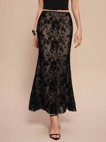 Olia Maree Olia Maree Elegant Black Lace Mermaid Skirt With Random Print And Zipper Details Long Length Summer Summer Outfit Summer Clothing Women's Summer Outfits Vacation Holiday Summer Holiday Outfits Women's Vacation Outfits Women's Office Attire Women's Office Attire Black Skirt Elegant Women's Skirt - Black - View 5